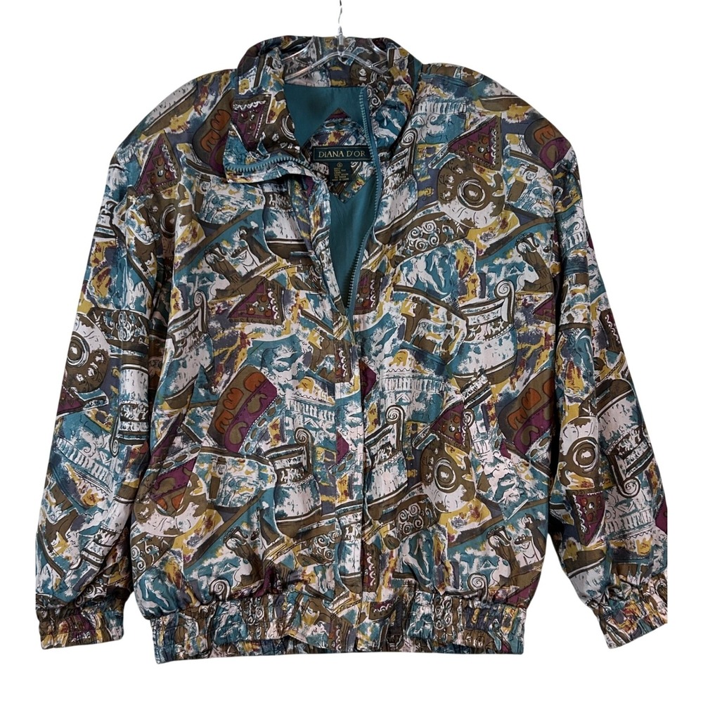 Diana‎ D'Or Vintage 100% Silk Bomber Jacket Greek Pottery Print Teal Gold Small